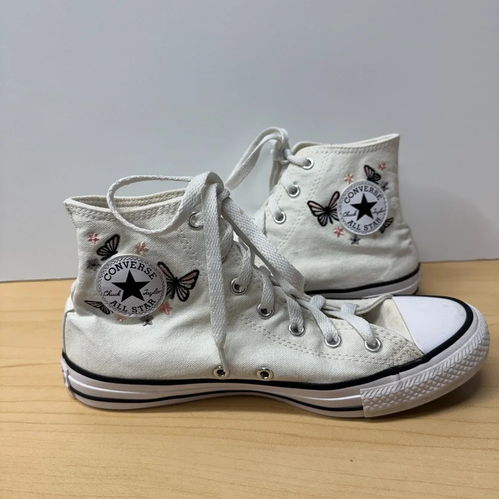 Converse Girl's Chuck High Top Sneakers Cream w Butterflies Size 6 Kid 38.5 Euro